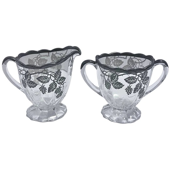 Vintage Silver City Sugar and Creamer with Silver Overlay Berries and Trim - Picture 1 of 7